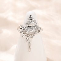 Brass Micro Pave Cubic Zirconia Shell Cuff Ring, Platinum — Costume Jewelry