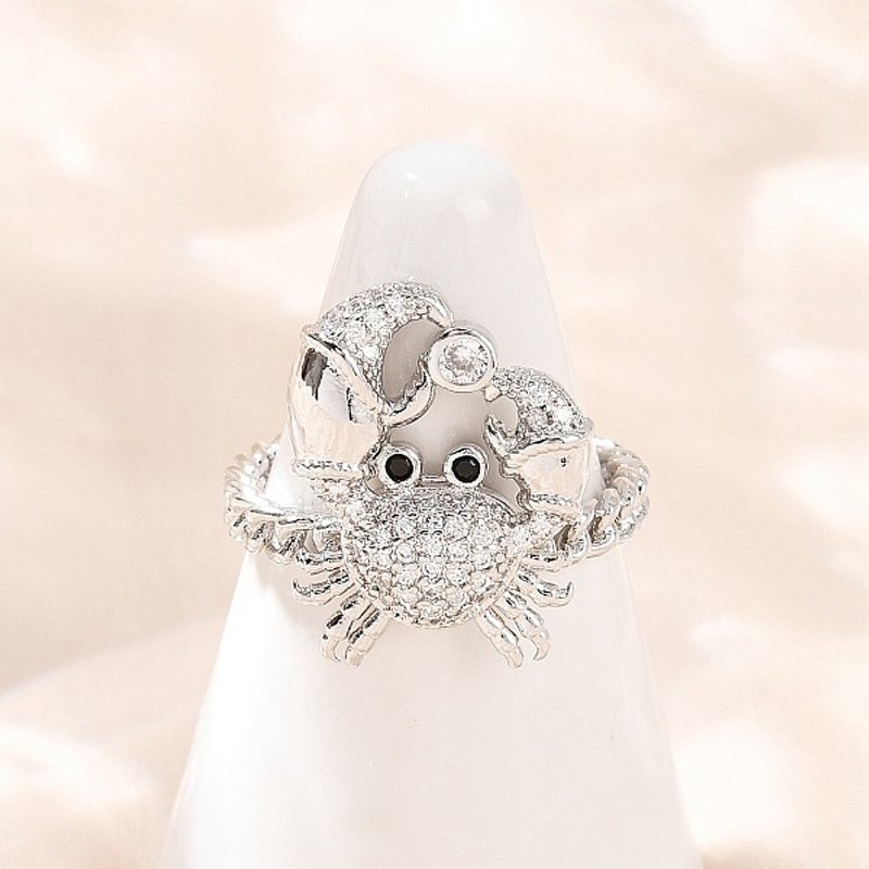 Brass Micro Pave Cubic Zirconia Cuff Ring, Platinum, Crab — Costume Jewelry