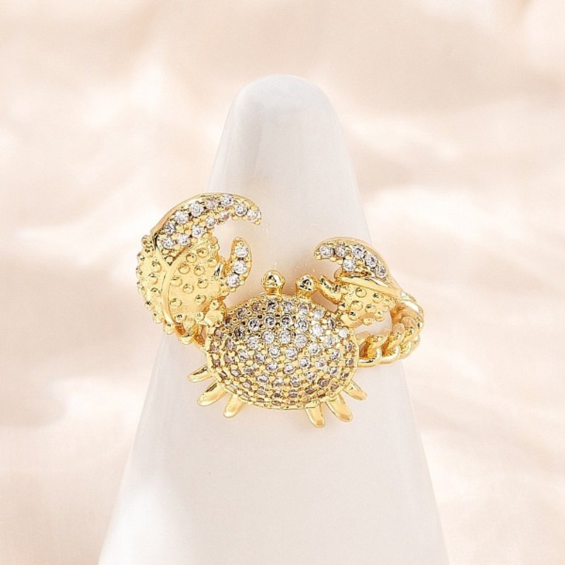 Brass Micro Pave Cubic Zirconia Cuff Ring, 18K Gold Plated, Crab — Costume Jewelry