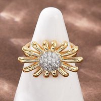Brass Micro Pave Cubic Zirconia Flower Cuff Ring, 18K Gold Plated
