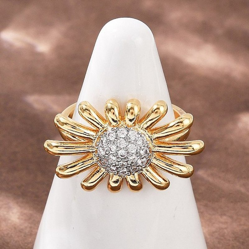 Brass Micro Pave Cubic Zirconia Flower Cuff Ring, 18K Gold Plated — Costume Jewelry