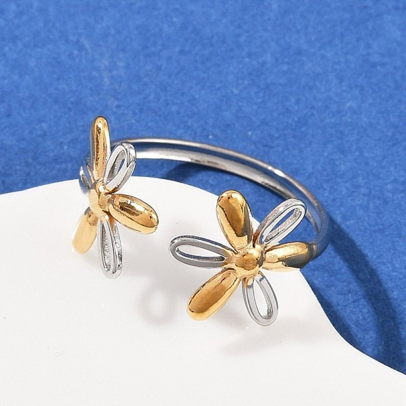 304 Stainless Steel Double Color Cuff Ring with Flower Design — Costume Jewelry