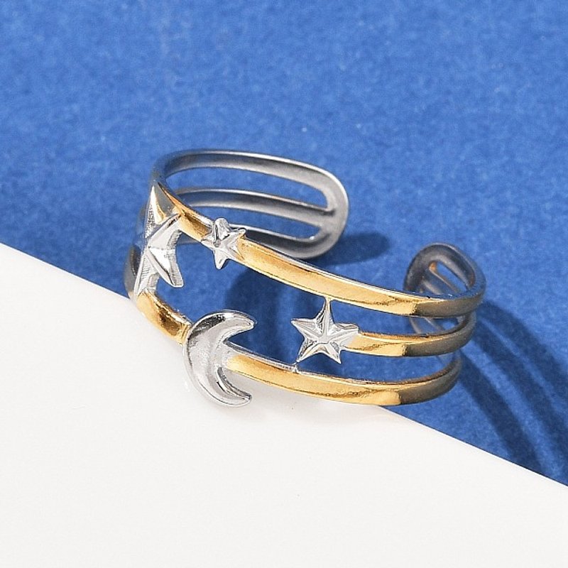 Bagues à Manchette Double Couleur en Acier Inoxydable 304 avec Design Étoile et Lune — Bijoux fantaisie