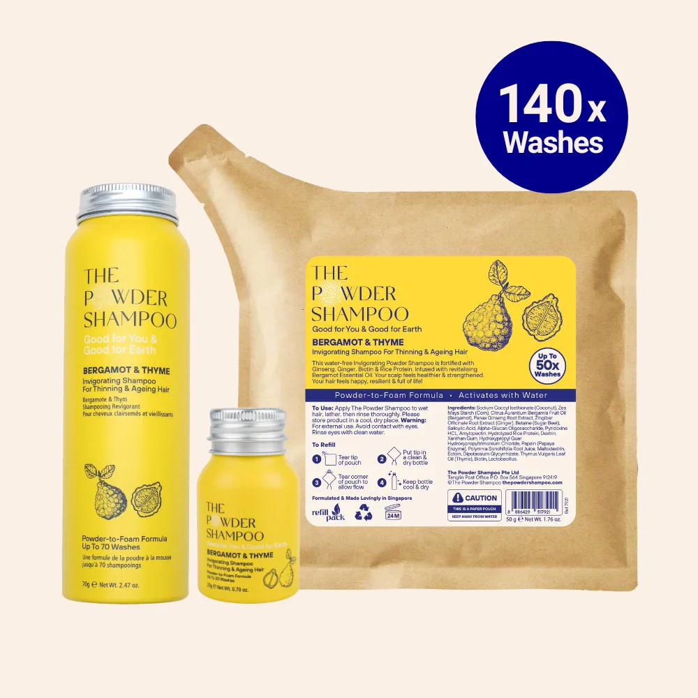 Kit de démarrage (140x lavages) - Shampoing revigorant pour cheveux clairsemés et vieillissants Bergamote, biotine, gingembre et ginseng