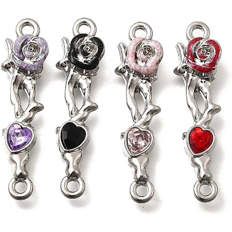 Alloy Rhinestone Rose Flower Heart Links Connector Charms — Jewelry Findings