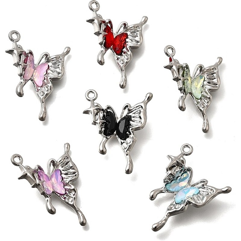 Pendentif Papillon en Verre Alliage, Facetté, Platine, 33x27.5mm — Breloques et pendentifs