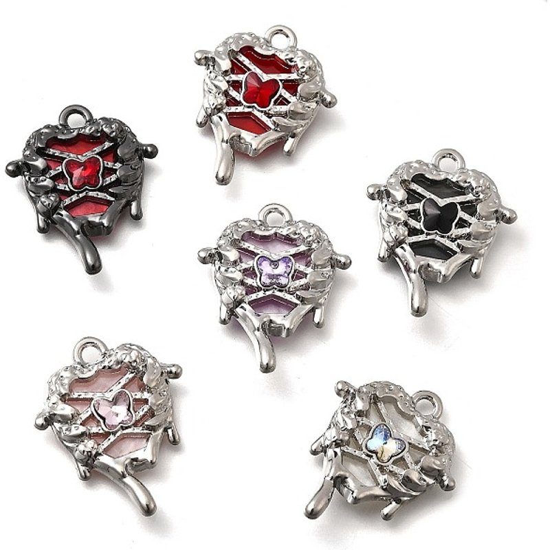 Pendentif en alliage de strass en forme de cœur avec feuille acrylique en argent antique — Breloques et pendentifs