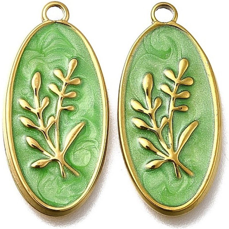 304 Stainless Steel Enamel Oval Pendant with Leaf Design — Charms & Pendants
