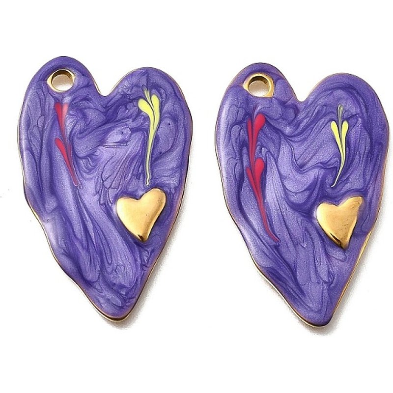 Pendentif en Émail en Acier Inoxydable 304, Coeur, Plaqué Or 18K, Violet — Breloques et pendentifs
