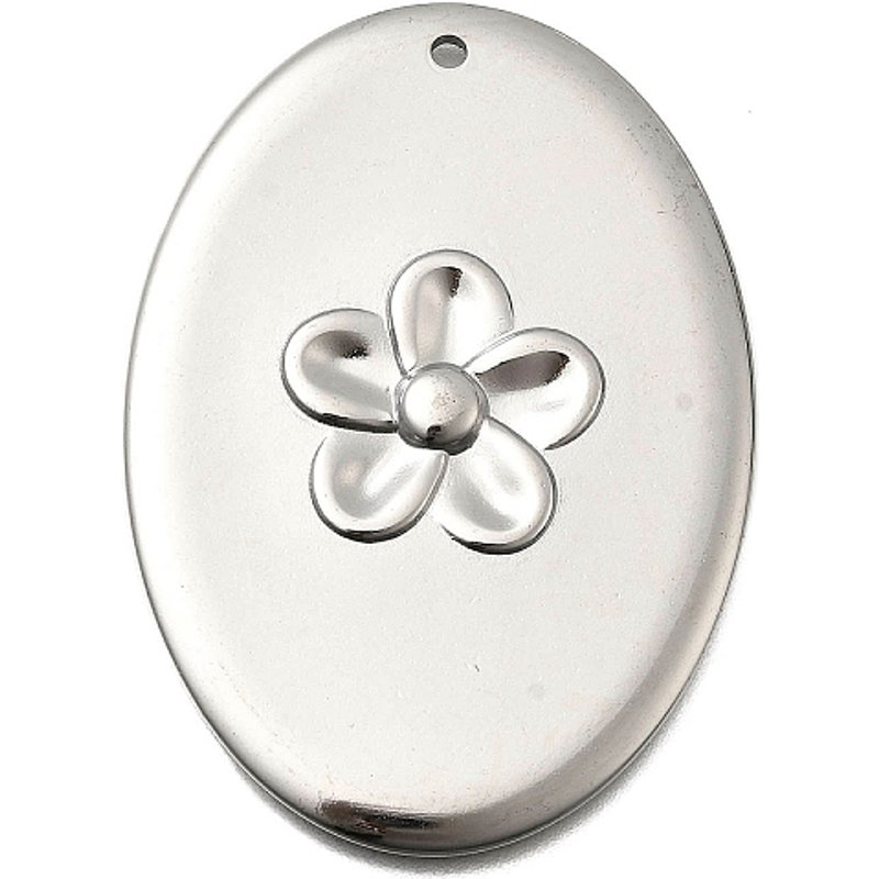 Pendentif Ovale en Acier Inoxydable 304 avec Fleur, 49x35mm — Breloques et pendentifs