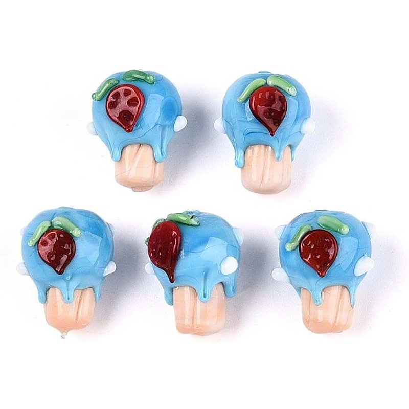Handmade Lampwork Bumpy Beads, Strawberry Cup Cake, Light Sky Blue — Jewelry Beads