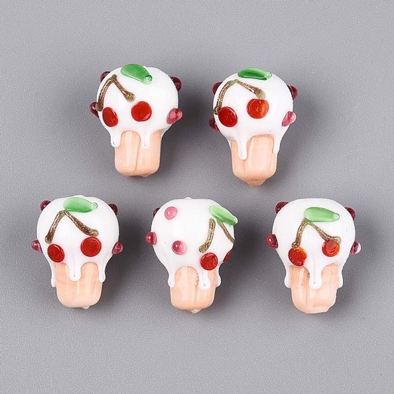 Handmade Lampwork Bumpy Beads, Cherry Cup Cake, White — Jewelry Beads