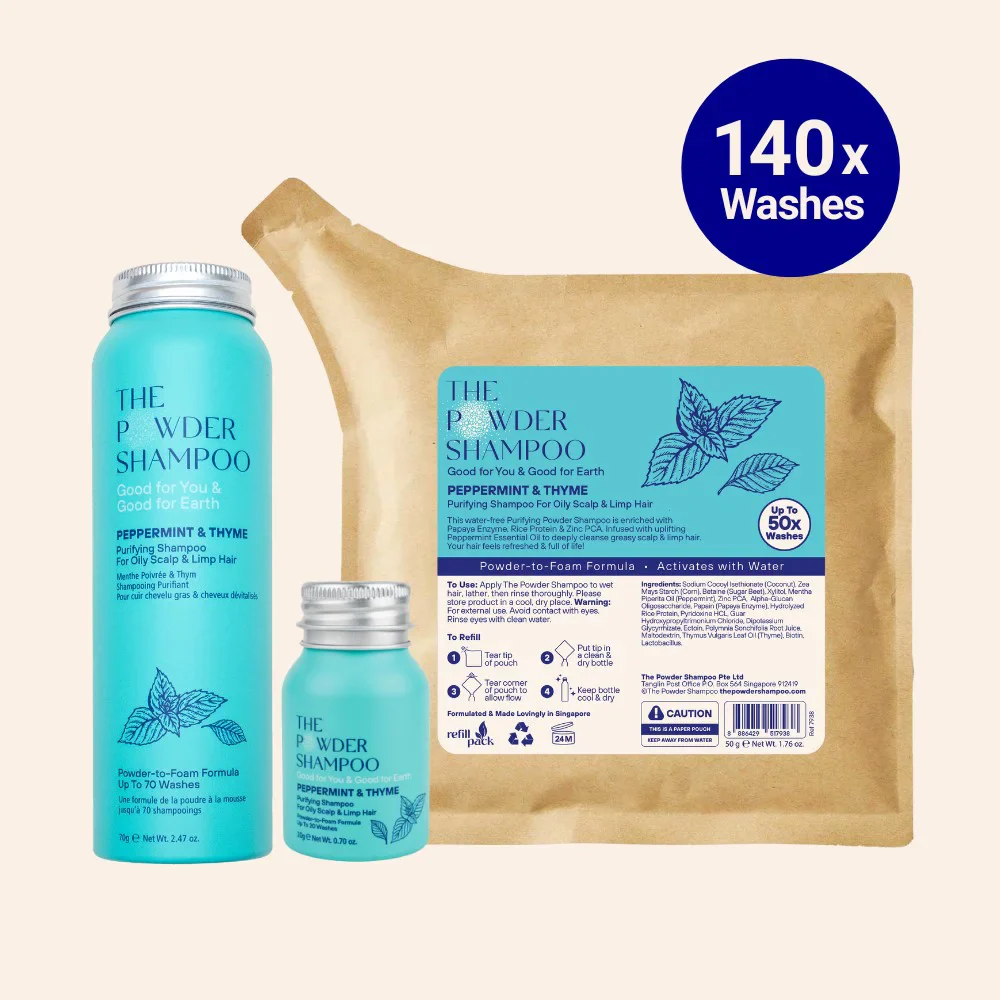 Kit de démarrage (140x lavages) - Shampoing purifiant pour cuir chevelu gras et cheveux mous Menthe poivrée et enzyme de papaye