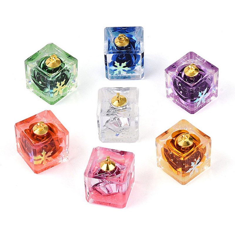 Transparent Flower Resin Cube Pendants with Golden Alloy Loop — Charms & Pendants