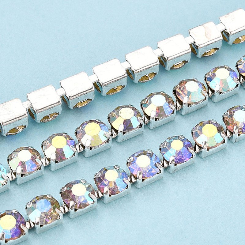 Brass Rhinestone Strass Chains with Spool, Silver Color Plated, 10 Yards