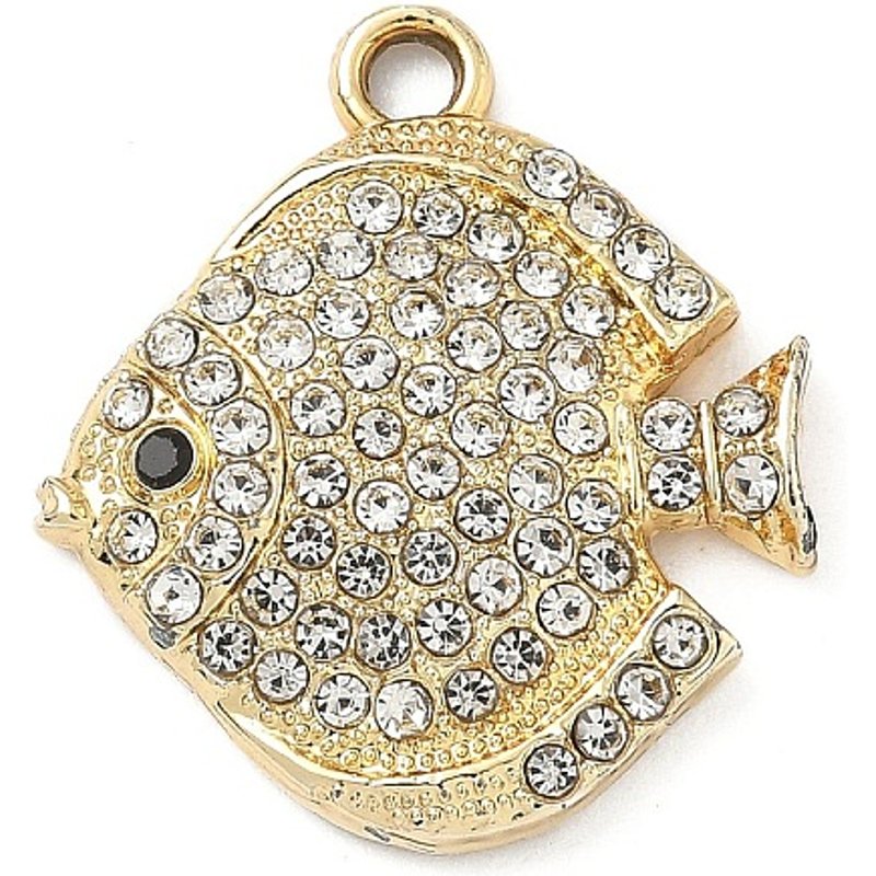 Pendentif en alliage de poisson en strass doré, 23x20x3.5mm, trou 2.2mm — Breloques et pendentifs