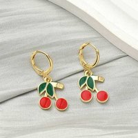 Cherry Brass Enamel Dangle Leverback Earrings, 18K Gold Plated — Costume Jewelry