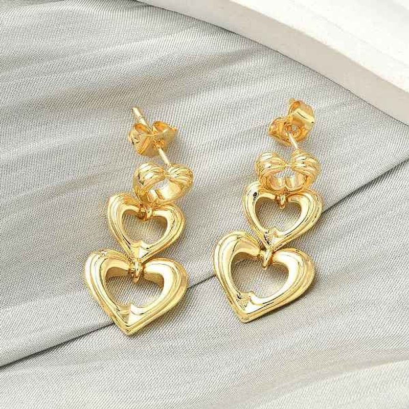 Heart Brass Dangle Stud Earrings, 18K Gold Plated, Cadmium Free — Costume Jewelry