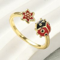 Brass Enamel Ladybug Cuff Ring for Women - 18K Gold Plated