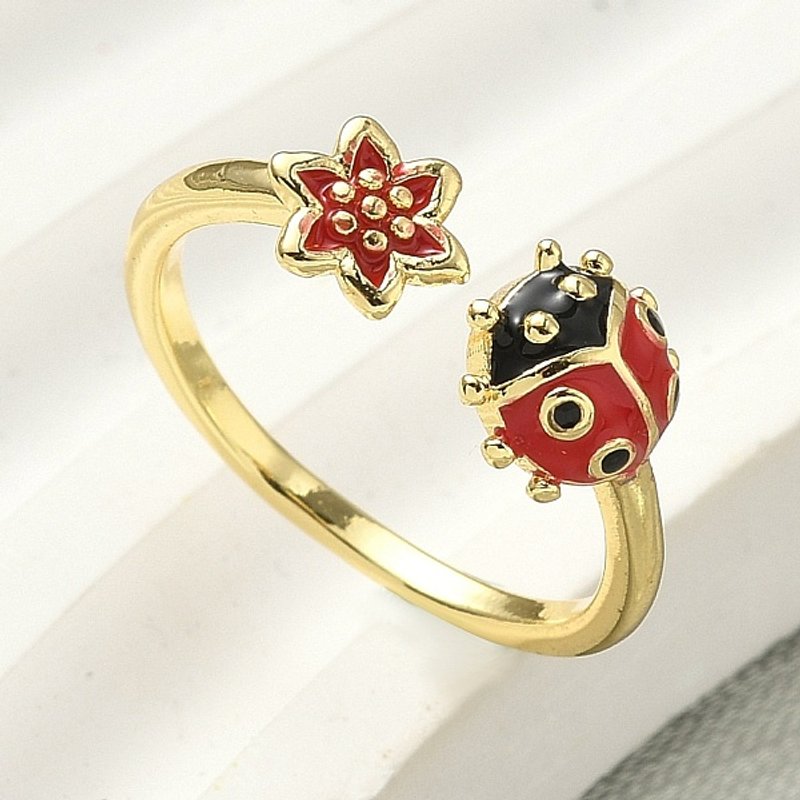 Brass Enamel Ladybug Cuff Ring for Women - 18K Gold Plated — Costume Jewelry