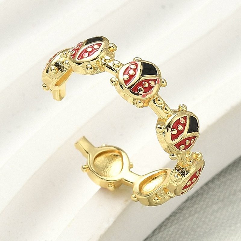 Brass Enamel Ladybug Cuff Ring for Women, 18K Gold Plated — Costume Jewelry