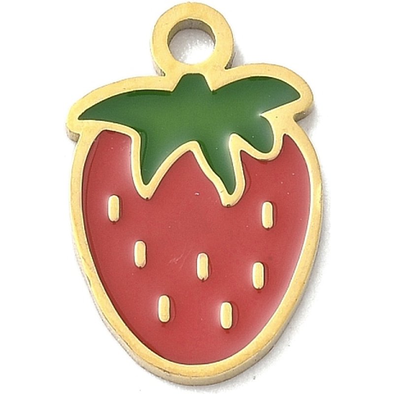 Pendentif en Émail de Fraise en Acier Inoxydable 304, Plaqué Or 18K — Breloques et pendentifs
