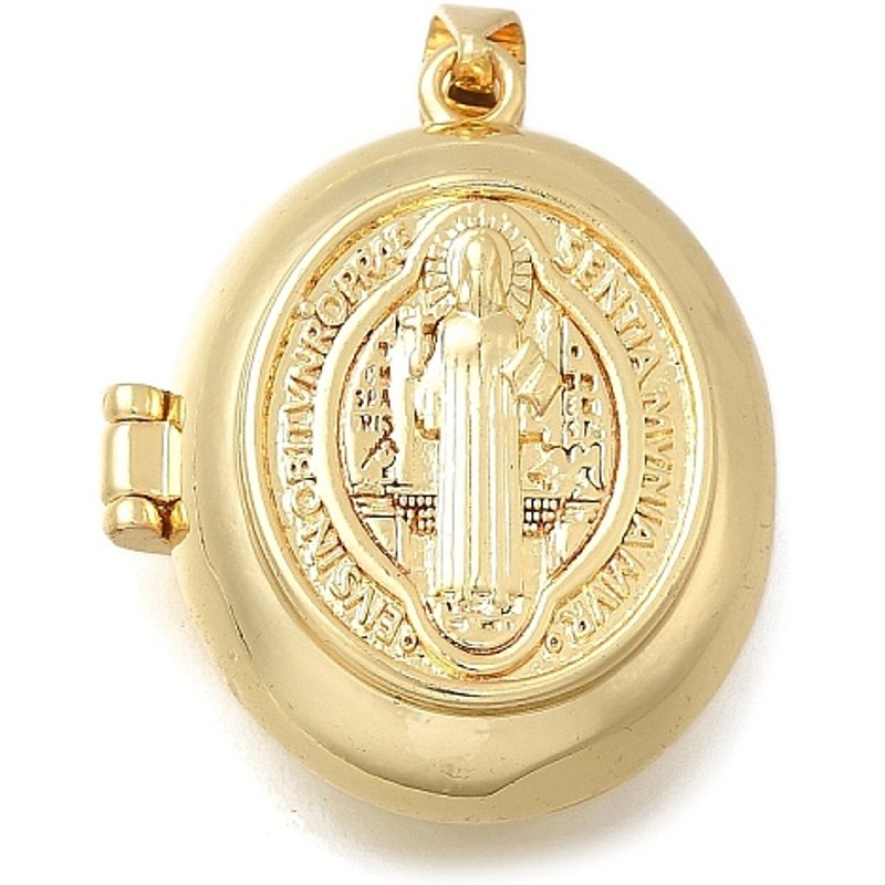 Pendentif Locket Ovale en Laiton avec Charms de Saint Benoît, Plaqué Or 18K — Breloques et pendentifs