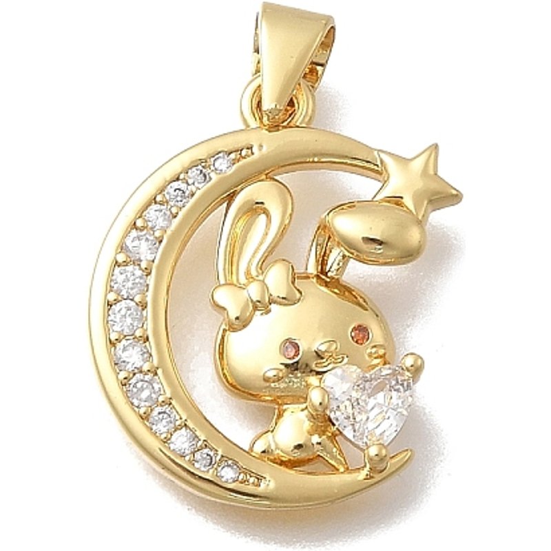 Pendentif en laiton Micro Pave Zirconia Cubique Clair, Lune avec Lapin — Breloques et pendentifs