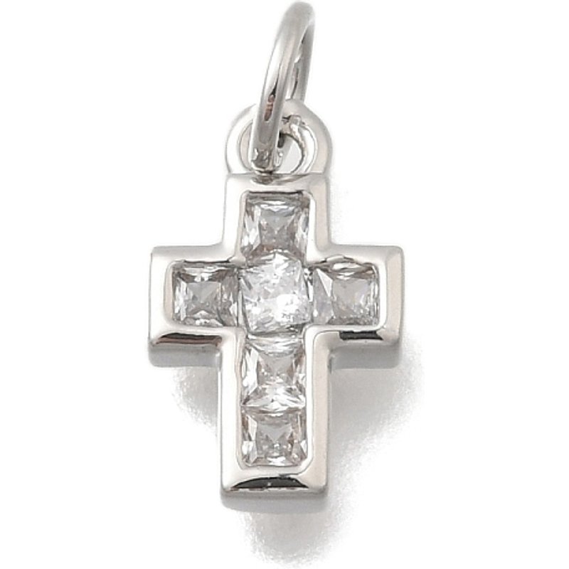 Brass Micro Pave Cross Charms with Jump Ring, Platinum Finish
