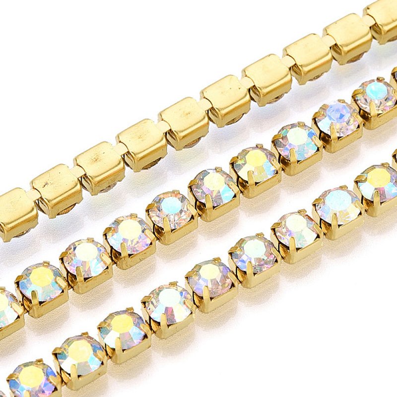Brass Rhinestone Strass Chains with Spool, Golden Color Plated