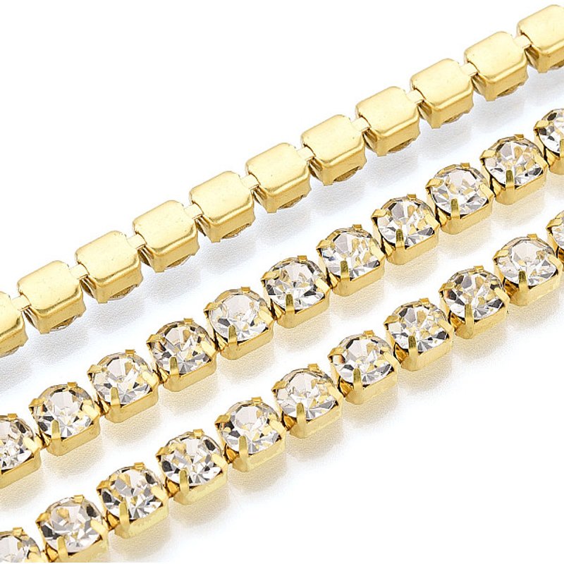 Brass Rhinestone Strass Chains with Spool, Golden Color Plated