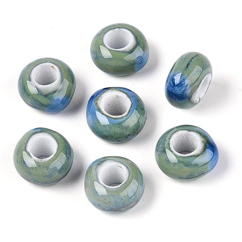 Perles en porcelaine faites à la main, rondelles, vert mer foncé, grand trou — Perles à bijoux