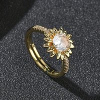 Flower Brass Finger Rings with Clear Cubic Zirconia for Women