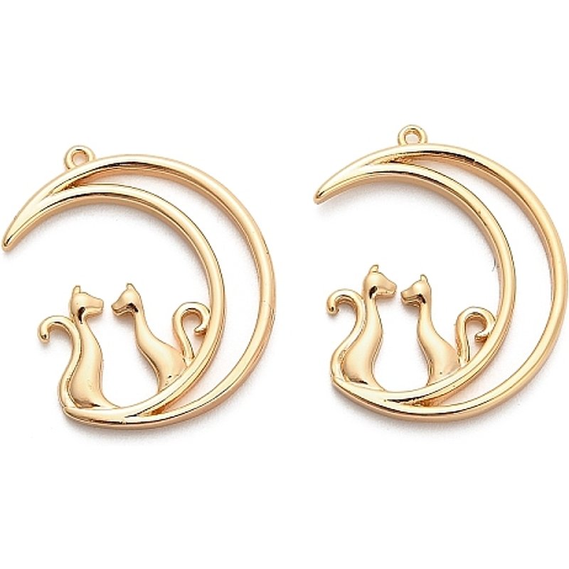 Pendentif en Laiton en Forme de Lune avec Chat, Plaqué Or 18K — Breloques et pendentifs