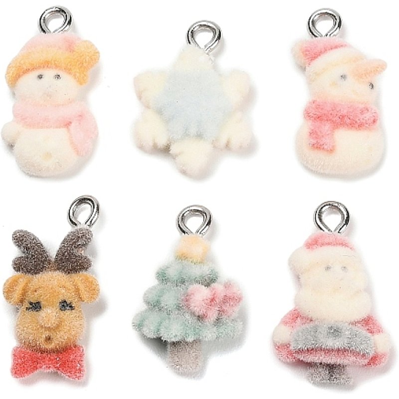 Christmas Flocky Opaque Resin Pendants with Iron Loop, Mixed Shapes