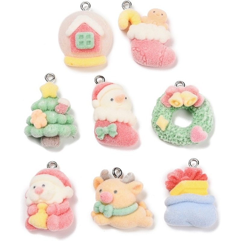 Christmas Flocky Opaque Resin Pendants with Iron Loop, Mixed Shapes — Charms & Pendants
