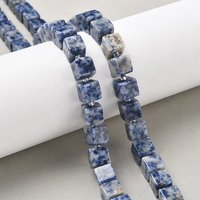 Brins de perles en jaspe bleu tacheté, cubes avec perles de semence