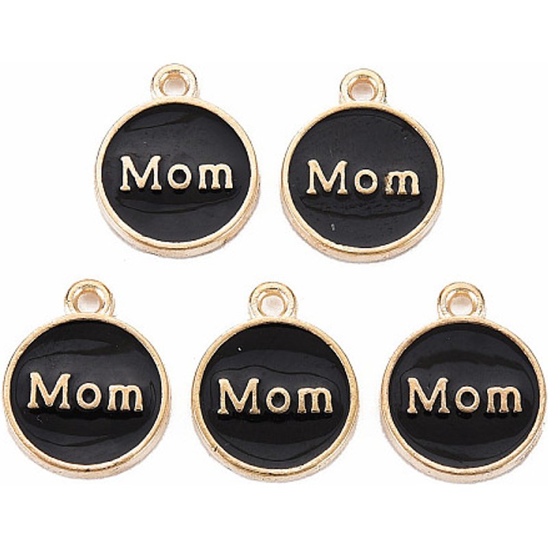 Mother's Day Alloy Enamel Charm with Mom, Light Gold, Black — Charms & Pendants