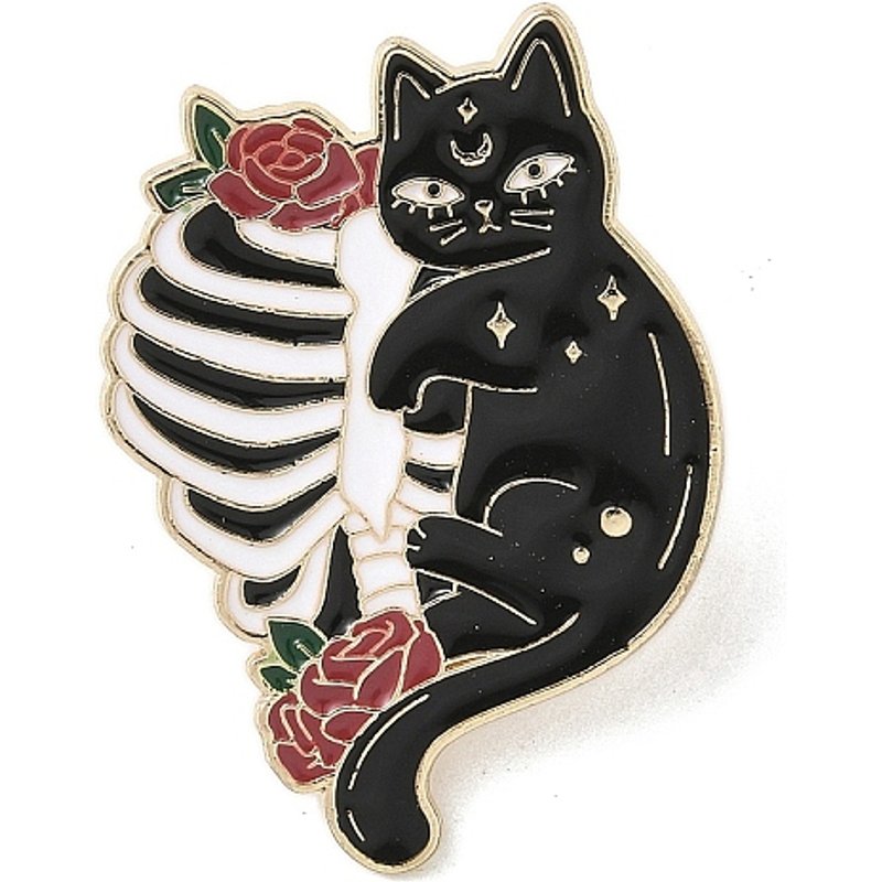 Épinglette Halloween Chat avec Squelette & Rose — Broches
