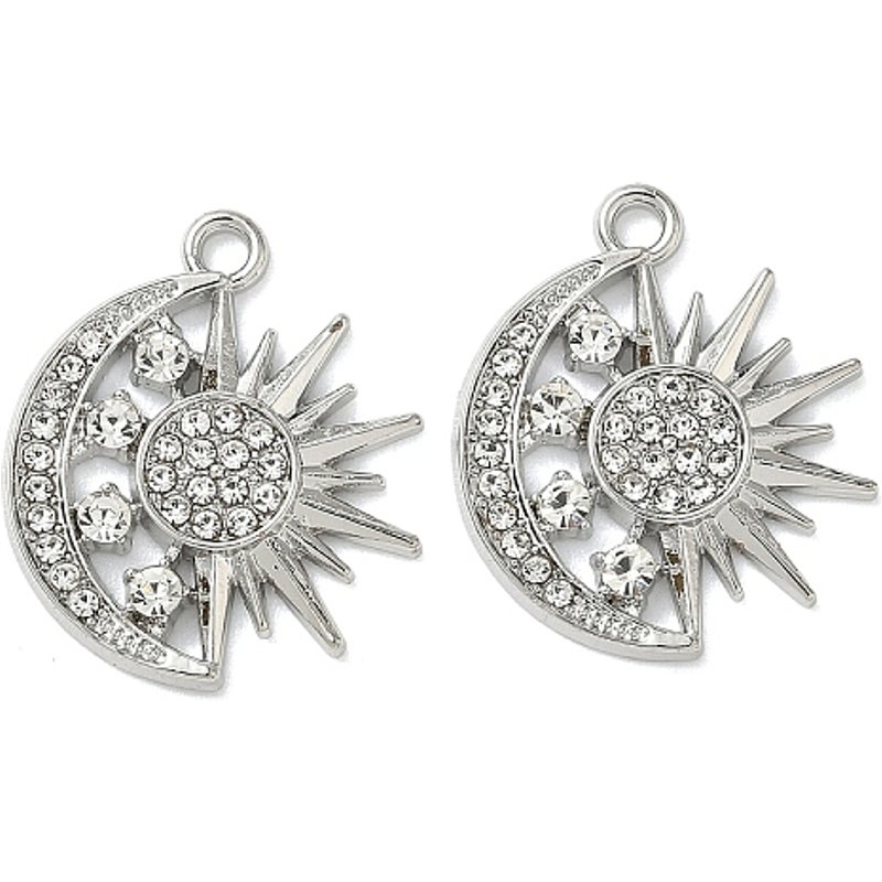 Pendentif en alliage de strass - Lune avec Soleil, Fini Platine — Breloques et pendentifs