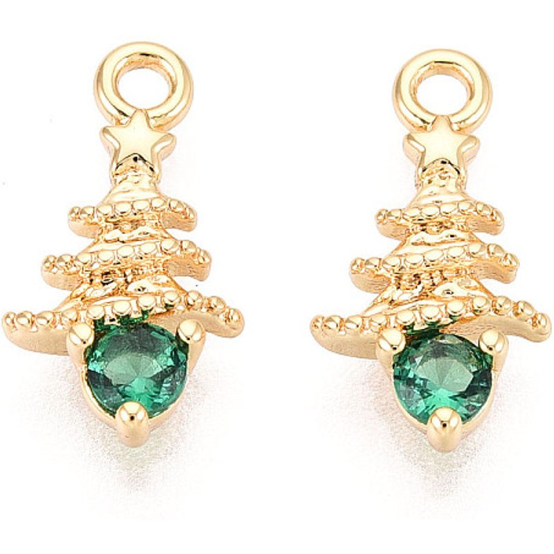 Brass Micro Pave Cubic Zirconia Christmas Tree Charm, 18K Gold Plated — Charms & Pendants