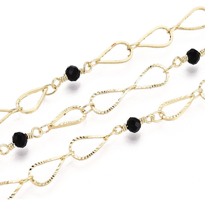 Handmade Brass Teardrop Link Chains with Glass Beads for Jewelry Making