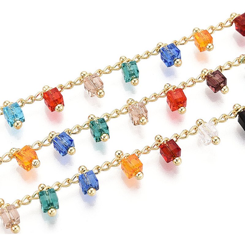Handmade Brass Cube Link Chains with Glass for Jewelry Making