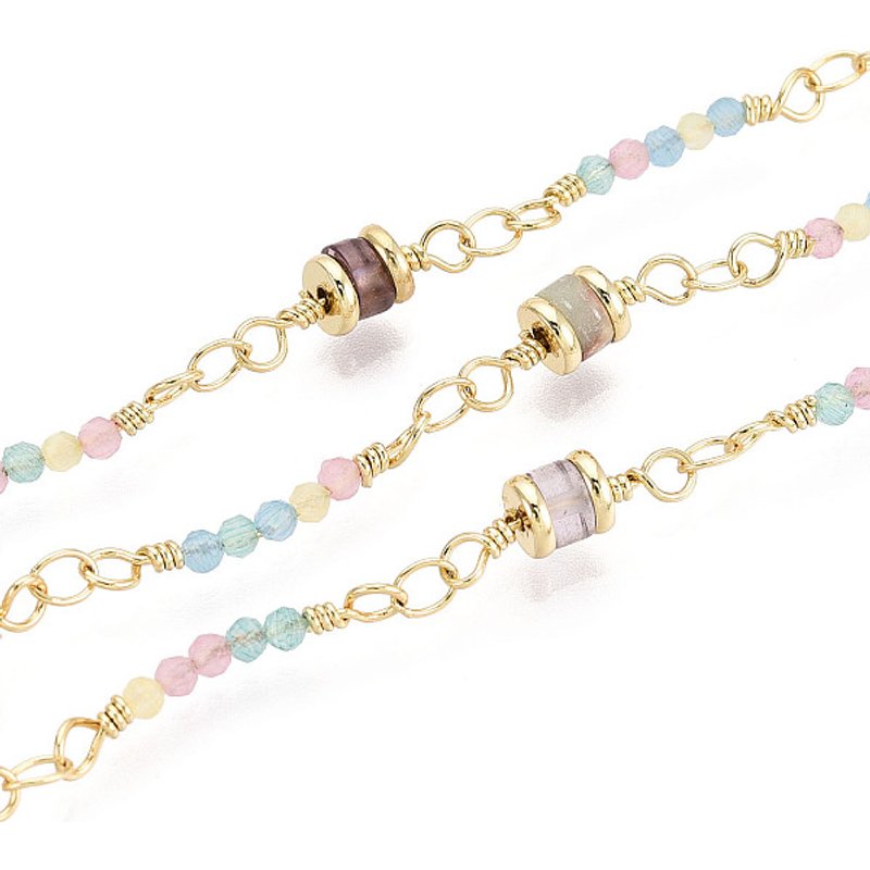 Handmade Brass Glass Column Link Chains with Natural Gemstone Beads — Chains, Wire & Cord