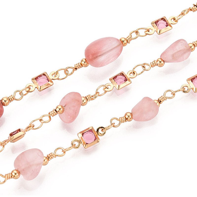 Handmade Brass Glass Square Link Chains with Watermelon Stone Beads