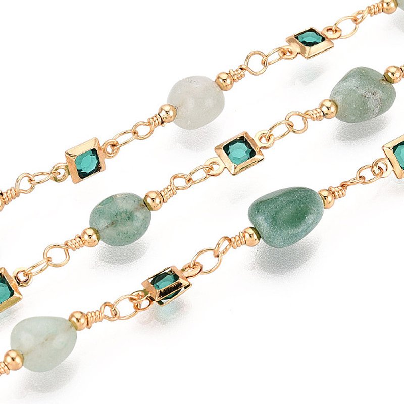 Handmade Brass Glass Square Link Chains with Amazonite Beads