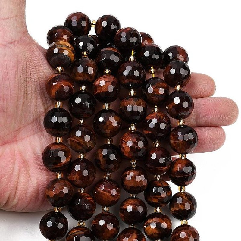 Fils de perles en œil de tigre naturel, teints et chauffés, ronds avec perles de semence — Perles à bijoux