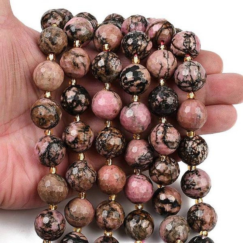 Fils de perles de rhodonite naturelle, facettées rondes avec perles de semence — Perles à bijoux