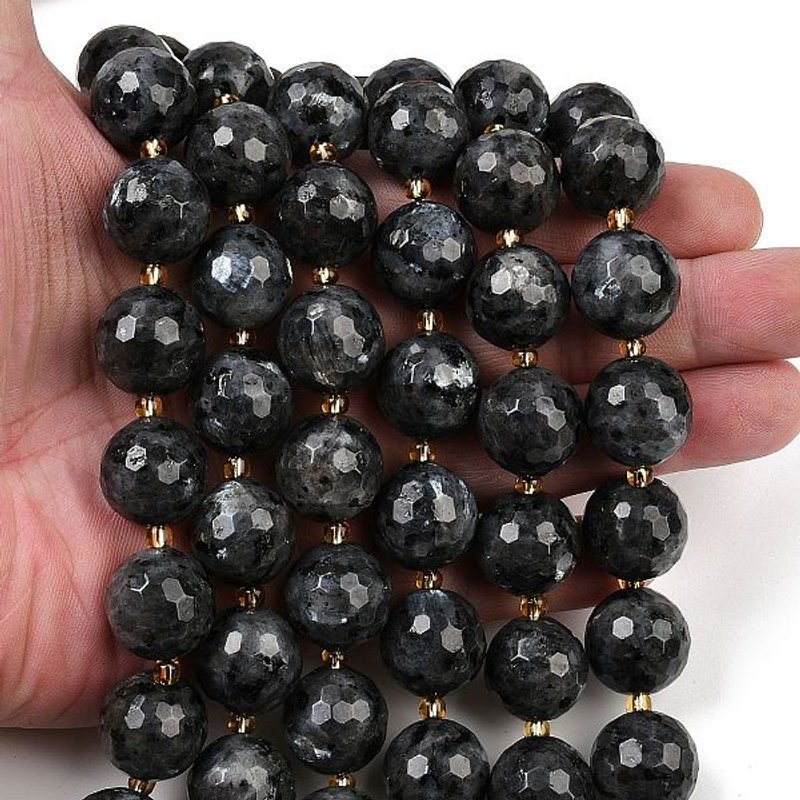 Brins de perles de larvikite naturel, facettées rondes avec perles de semence — Perles à bijoux