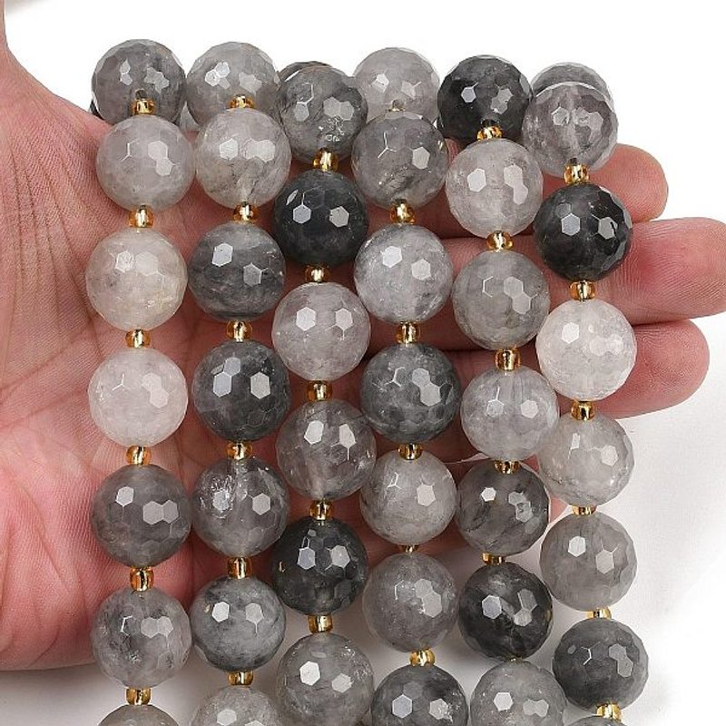 Brins de Perles en Quartz Nuageux Naturel, Ronds Facettés avec Perles de Semence — Perles à bijoux